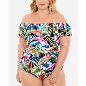 1777 Swim solutions ruffle Off Shoulder One Piece Swimsuit TROPICAL MULTI sz 18W